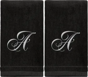 Monogrammed Towels Fingertip, Personalized Gift, 11 x 18 Inches - Set of 2 White Embroidered Towel - Extra Absorbent 100% Cotton - Soft Velour Finish - For Bathroom/ Kitchen/ Spa - Initial A (Black)