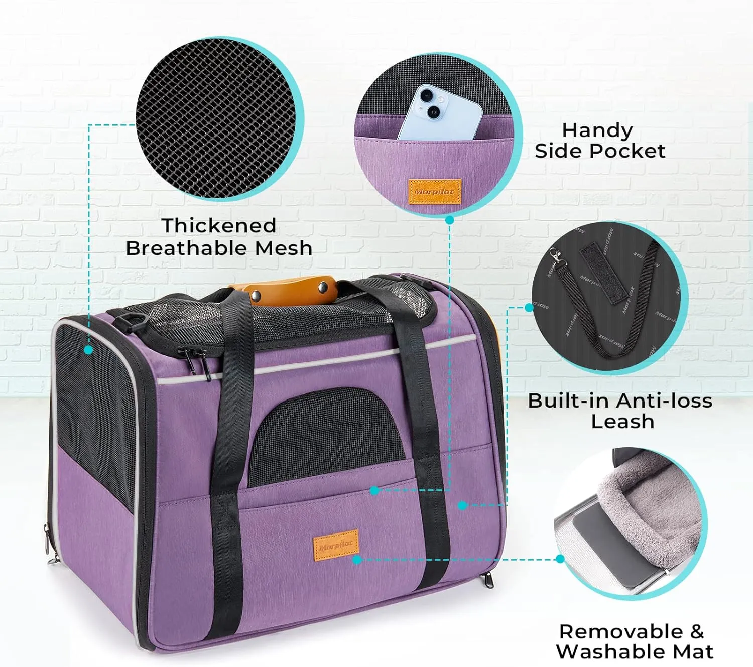 Morpilot Cat Carrier - Soft Sided Cat Carrier Large for Big Medium Cats and Puppy up to 18lbs, Pet Carrier with Safety Zippers, Foldable Bowl, Airline Approved Large Dog Carrier - Purple