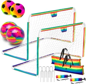 Morvat Kids Soccer Goal Set for Backyard with Metal Poles, 2 Sets of 48”x30” Nets, 4 Soccer Balls, 2 Pumps & 2 Storage Bags, Portable Folding Youth Sets for Kids   Toddlers (Rainbow - 2-Sets)
