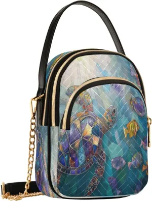 Mosaic Turtle Fishes Teal Crossbody Bags for Women Hand Bag Small Sling Shoulder Travel Bags Phone Mini Wallet Purse