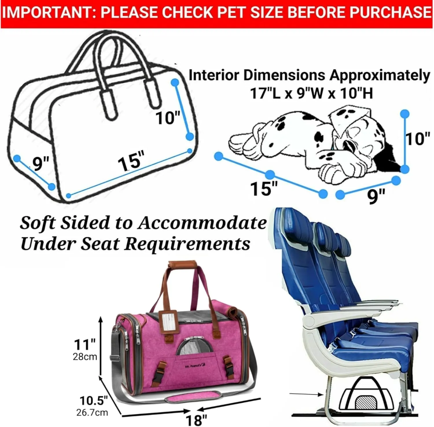 Mr. Peanut's Airline Approved Soft Sided Pet Carrier, Low Profile Gold Series Tote, Premium Brand Self Locking Zippers, Under Seat Compatibility, Plush Faux Fleece Bedding with a Sturdy Plywood Base