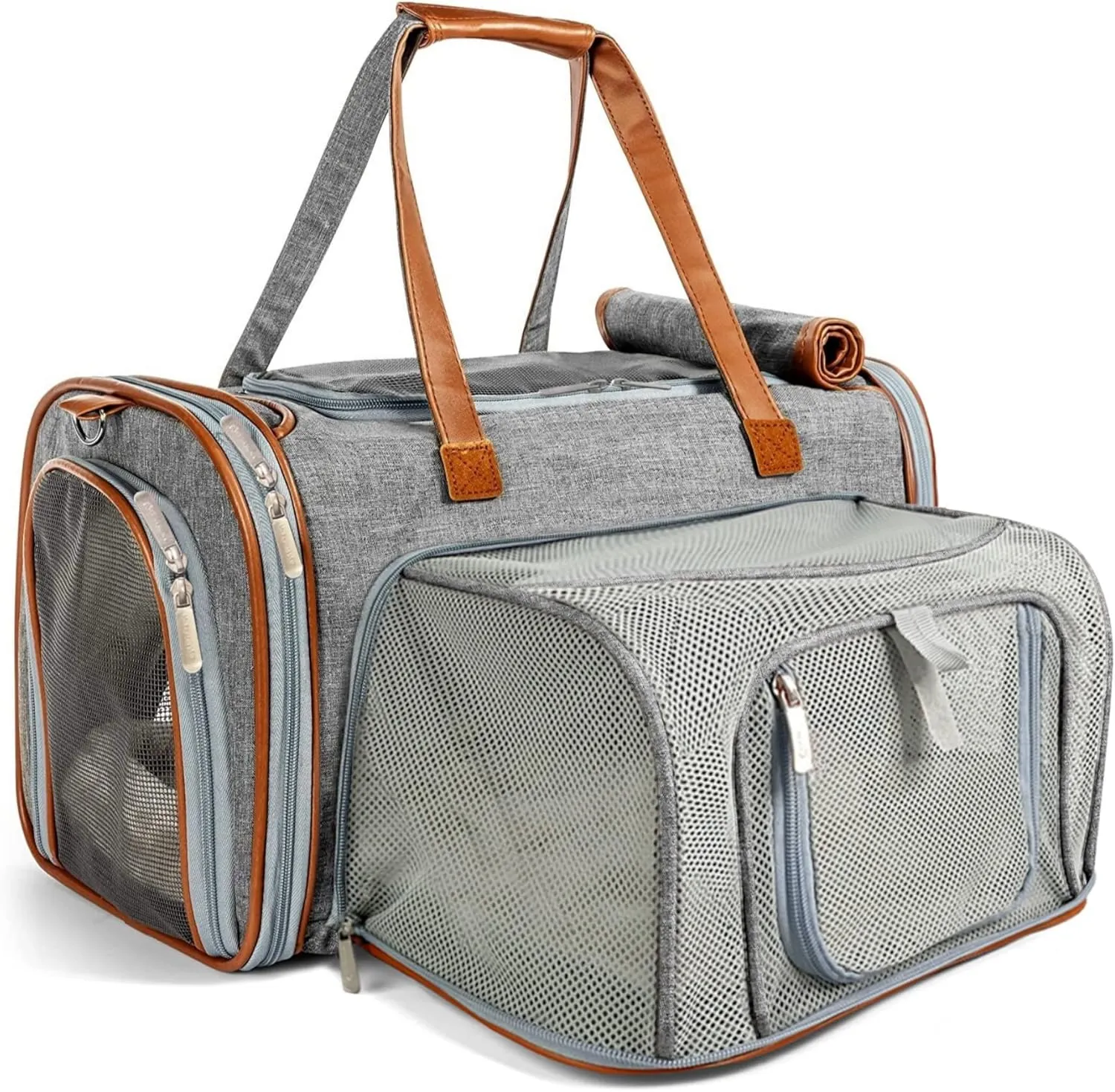 Mr. Peanut's Gold Series Big Apple XL Expandable Airline Approved Soft Sided Pet Carrier, Premium Brand Self Locking Zippers, Plush Faux Fleece Bedding with a Sturdy Plywood Base (Platinum Gray)