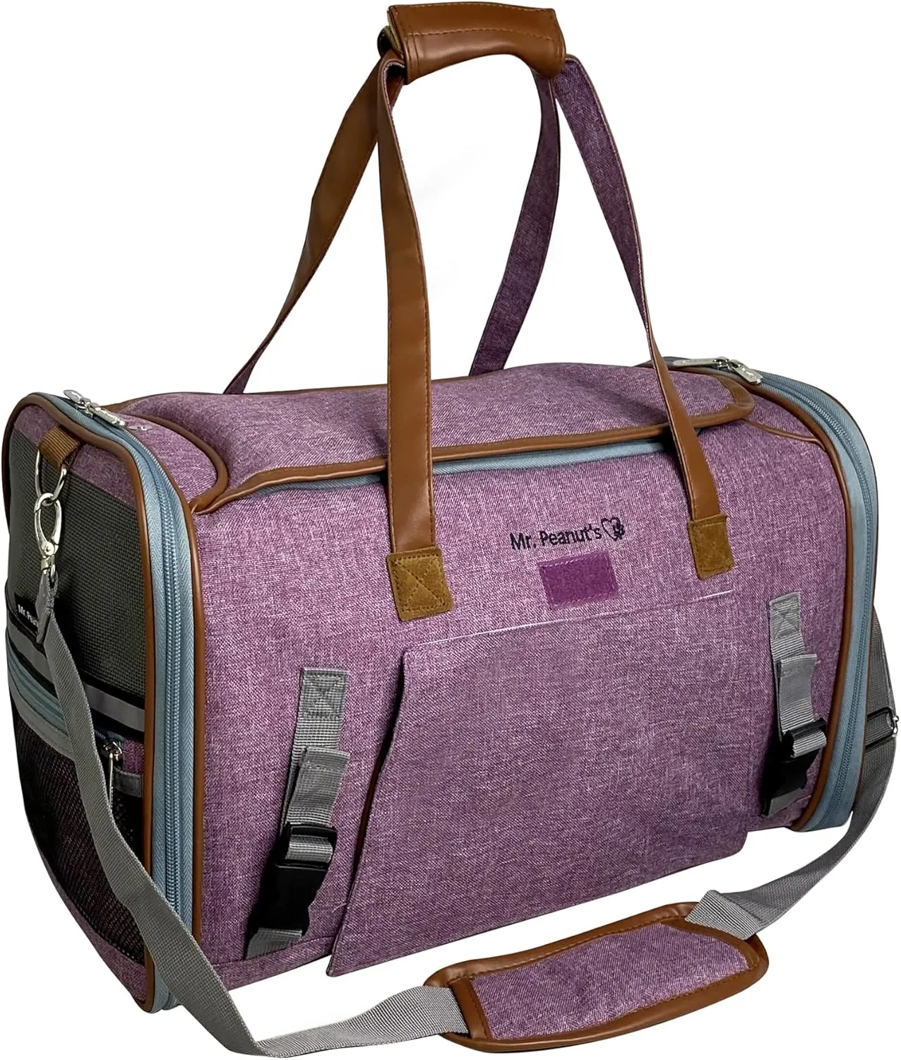 Mr. Peanut's Gold Series Mini Expandable Airline Approved Soft Sided Pet Carrier, Premium Brand Self Locking Zippers, Plush Faux Fleece Bedding with a Sturdy Plywood Base (Purple)