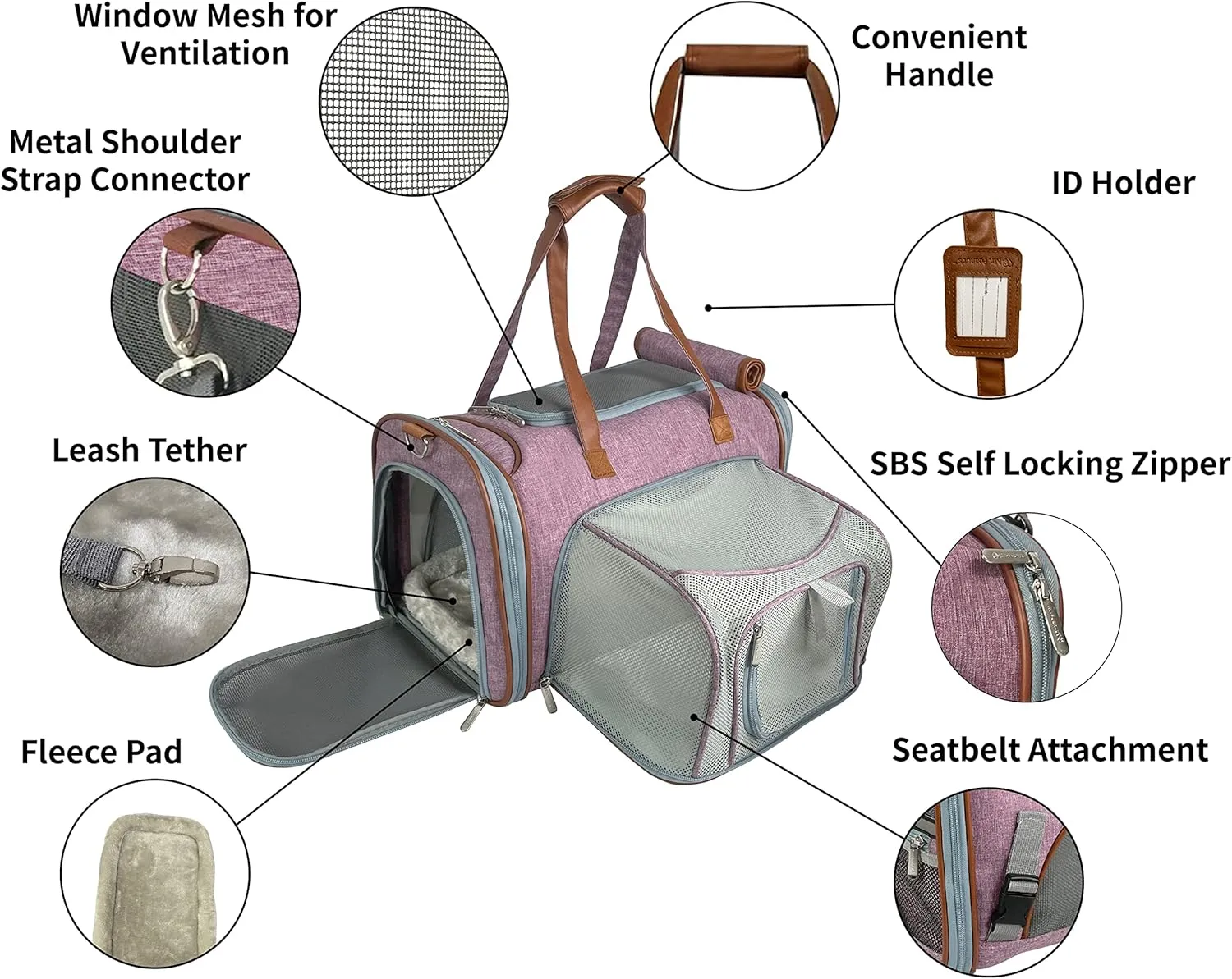 Mr. Peanut's Gold Series Mini Expandable Airline Approved Soft Sided Pet Carrier, Premium Brand Self Locking Zippers, Plush Faux Fleece Bedding with a Sturdy Plywood Base (Purple)