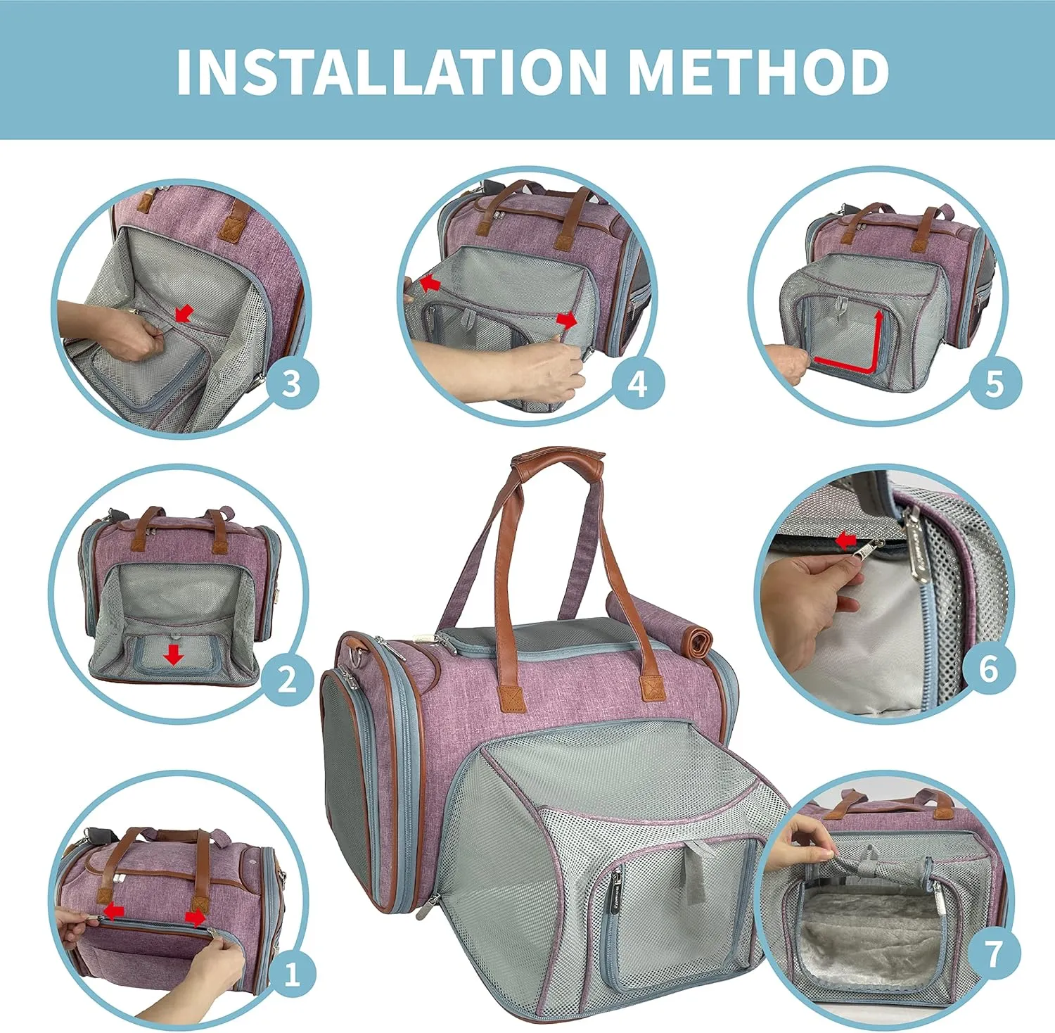Mr. Peanut's Gold Series Mini Expandable Airline Approved Soft Sided Pet Carrier, Premium Brand Self Locking Zippers, Plush Faux Fleece Bedding with a Sturdy Plywood Base (Purple)