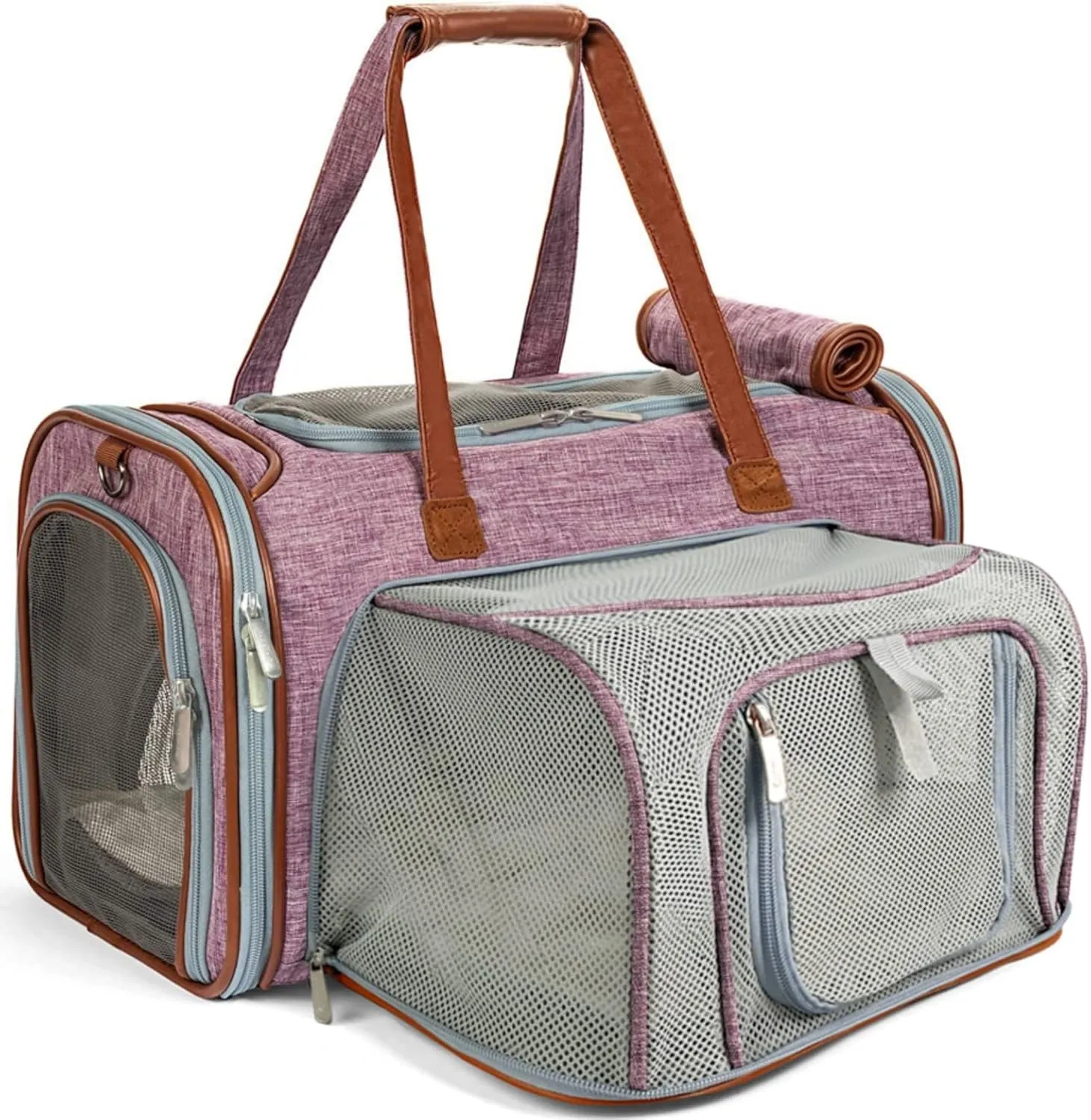 Mr. Peanut's Gold Series Mini Expandable Airline Approved Soft Sided Pet Carrier, Premium Brand Self Locking Zippers, Plush Faux Fleece Bedding with a Sturdy Plywood Base (Purple)