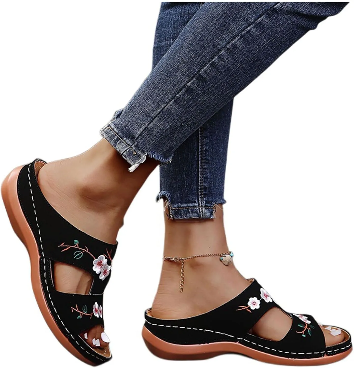 Mule with Arch Support Womens Casual Wedge Sandals Shoes Wide Width Open Toe Slip On Sandals for Women Summer Dressy Orthotic Platform Slipper Embroidered Flower Hollow Fish Mouth Sandal