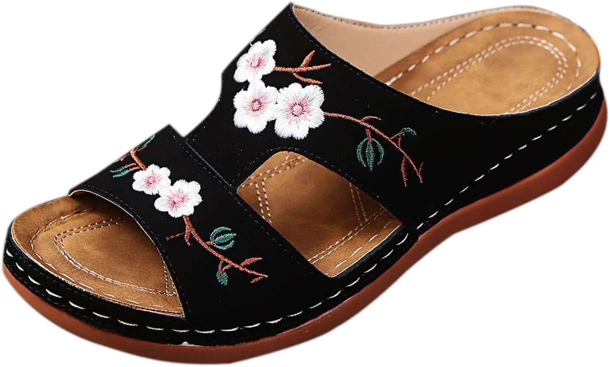 Mule with Arch Support Womens Casual Wedge Sandals Shoes Wide Width Open Toe Slip On Sandals for Women Summer Dressy Orthotic Platform Slipper Embroidered Flower Hollow Fish Mouth Sandal