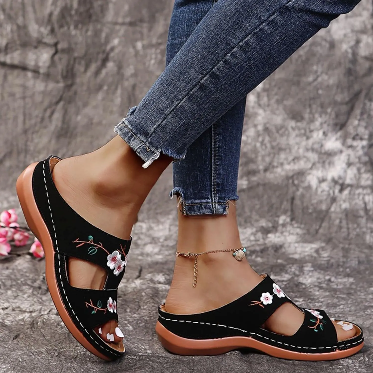 Mule with Arch Support Womens Casual Wedge Sandals Shoes Wide Width Open Toe Slip On Sandals for Women Summer Dressy Orthotic Platform Slipper Embroidered Flower Hollow Fish Mouth Sandal