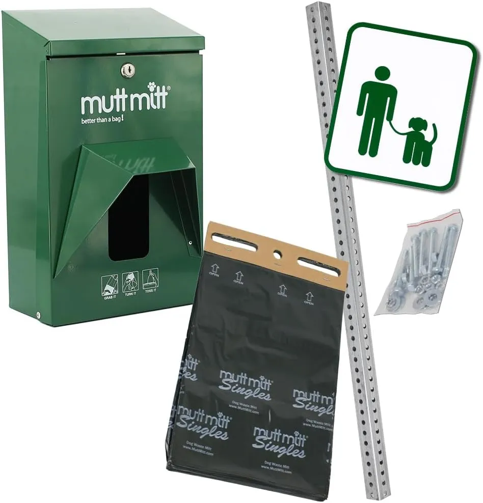 Mutt Mitt® Rustproof Commercial Grade Aluminum Mini Dog Waste Station with 400 dog waste bags (No Trash Can) (Green - Singles Bags)