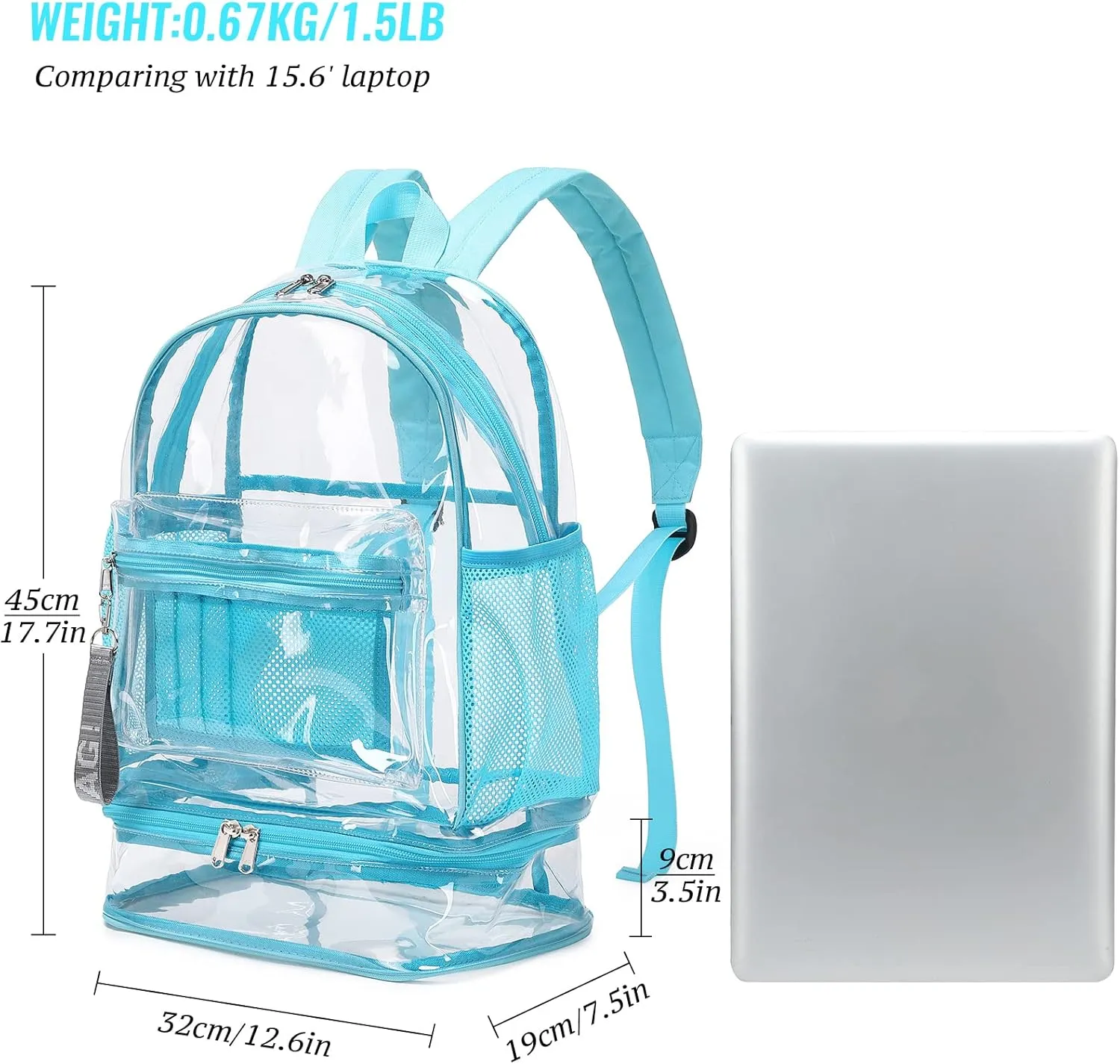 mygreen Clear Backpack with Bottom Compartment for Lunch Box or Shoes, 2-in-1 Design for School, Sports, Work, Stadium, Security, Travel, College Blue