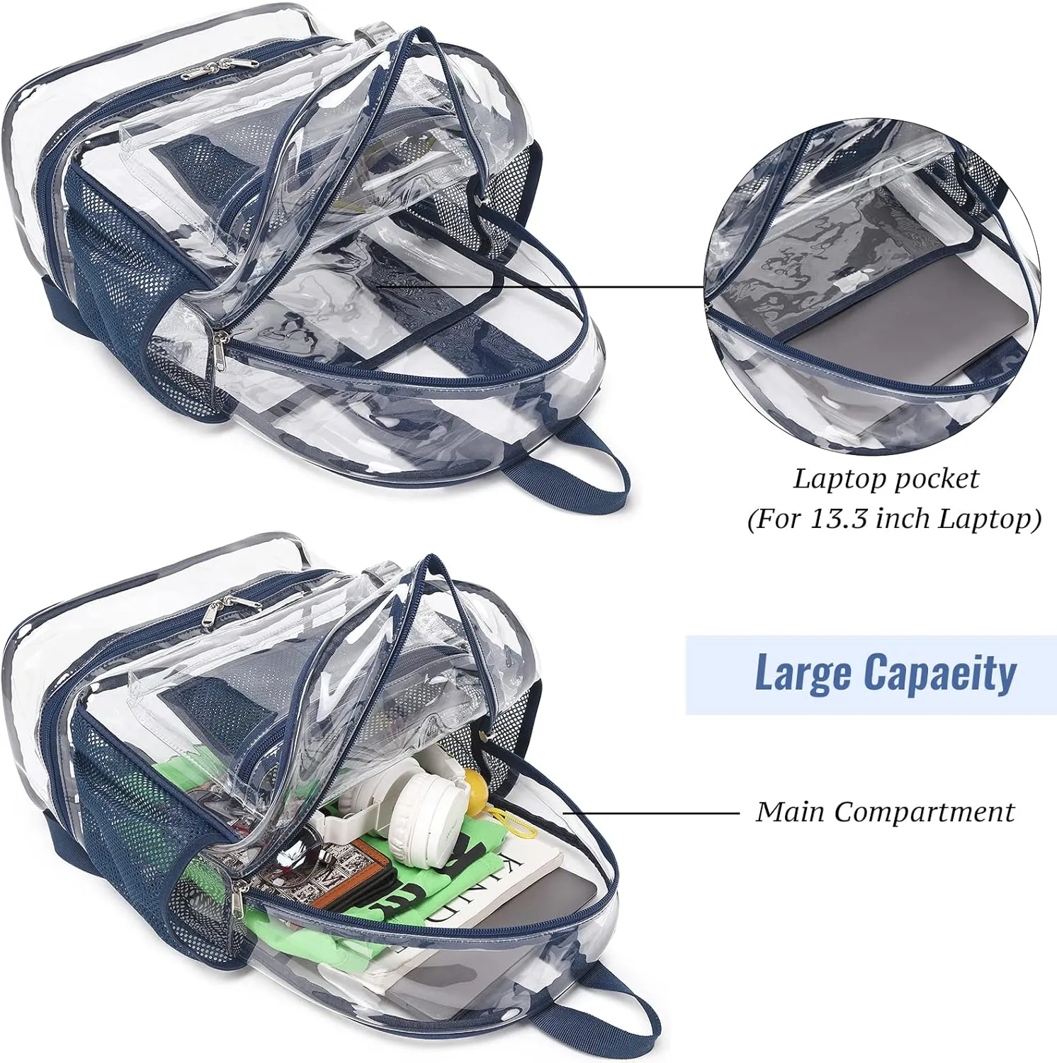 mygreen Clear Backpack with Bottom Compartment for Lunch Box or Shoes, 2-in-1 Design for School, Sports, Work, Stadium, Security, Travel, College Blue