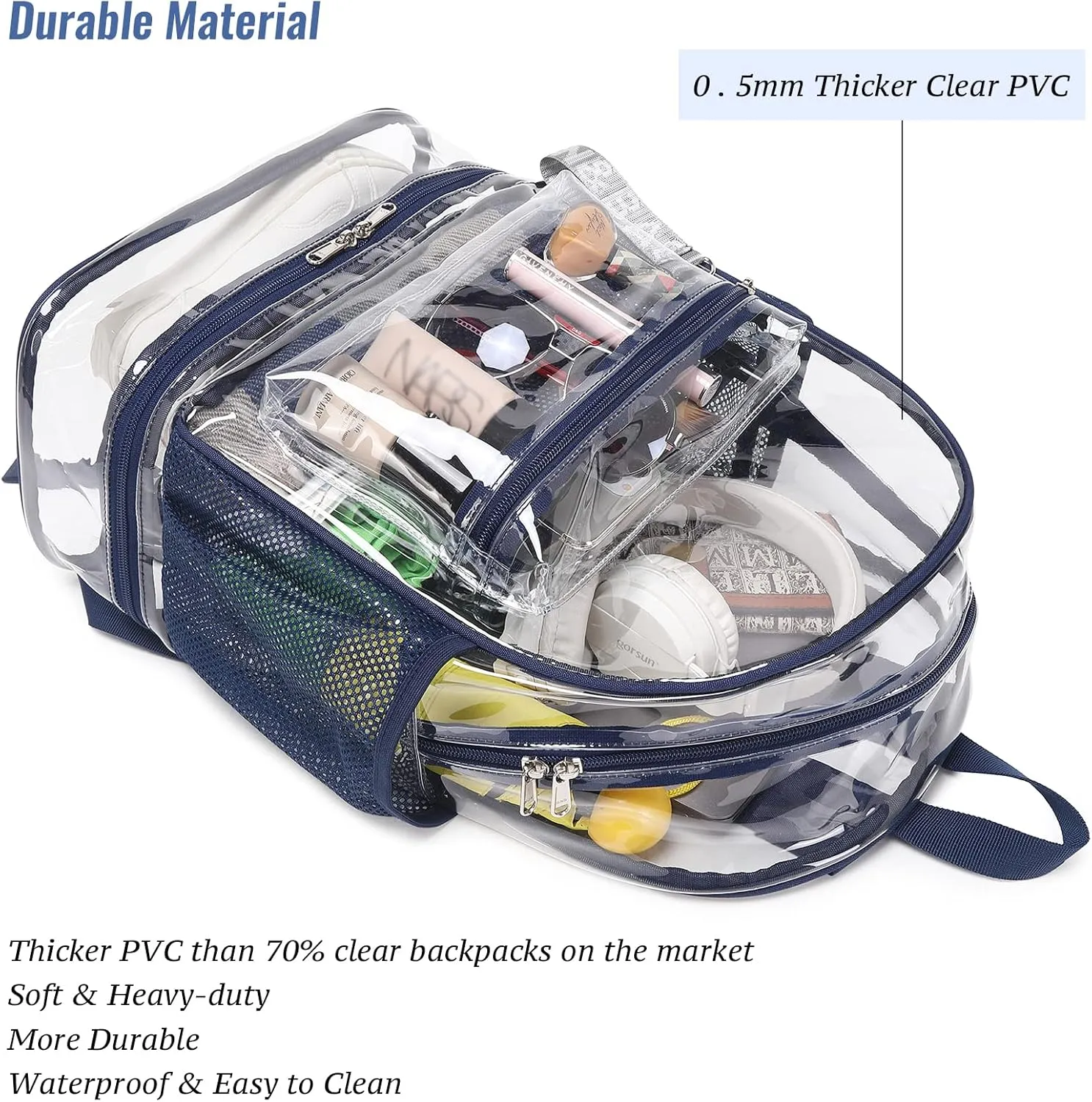 mygreen Clear Backpack with Bottom Compartment for Lunch Box or Shoes, 2-in-1 Design for School, Sports, Work, Stadium, Security, Travel, College Blue