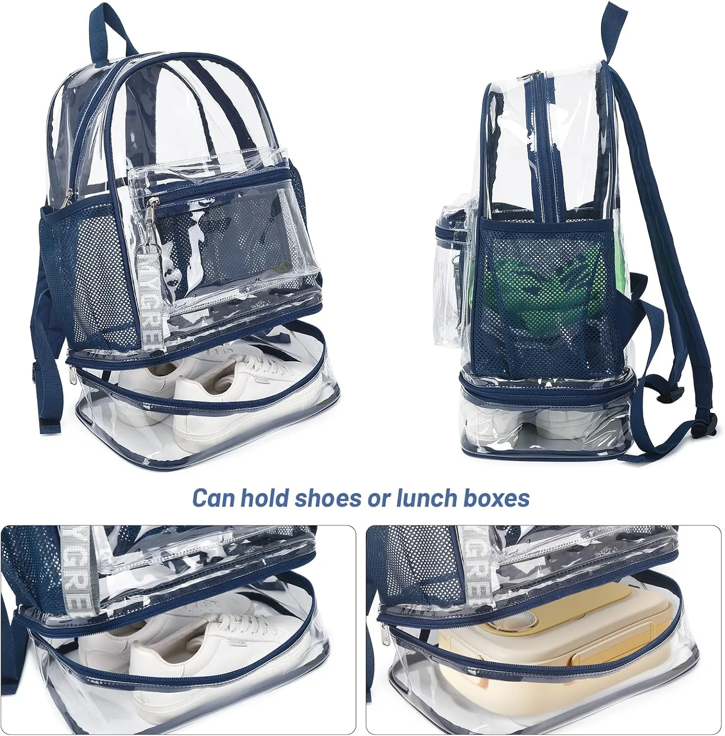 mygreen Clear Backpack with Bottom Compartment for Lunch Box or Shoes, 2-in-1 Design for School, Sports, Work, Stadium, Security, Travel, College Blue