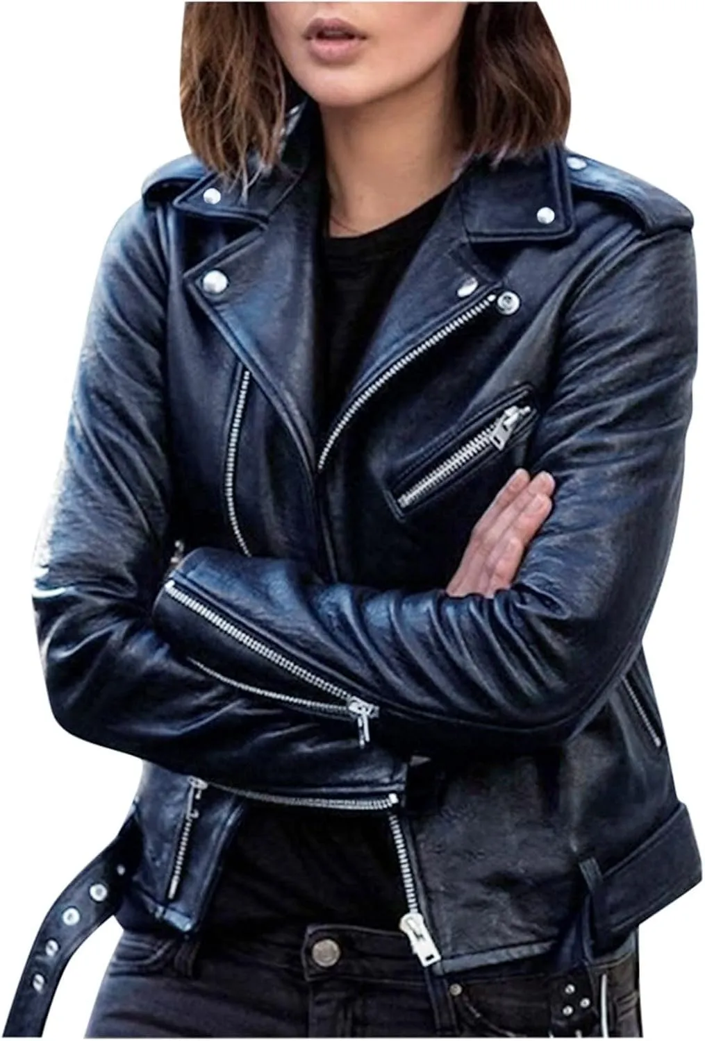 NATHGAM Women's Faux Leather Jackets Trendy Motorcycle Jacket Lightweight Zip Up Crop Jackets Slim Pu Coat Moto Biker Jacket