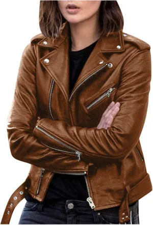 NATHGAM Women's Faux Leather Jackets Trendy Motorcycle Jacket Lightweight Zip Up Crop Jackets Slim Pu Coat Moto Biker Jacket