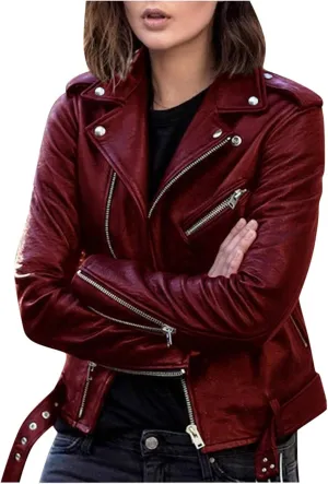 NATHGAM Women's Faux Leather Jackets Trendy Motorcycle Jacket Lightweight Zip Up Crop Jackets Slim Pu Coat Moto Biker Jacket