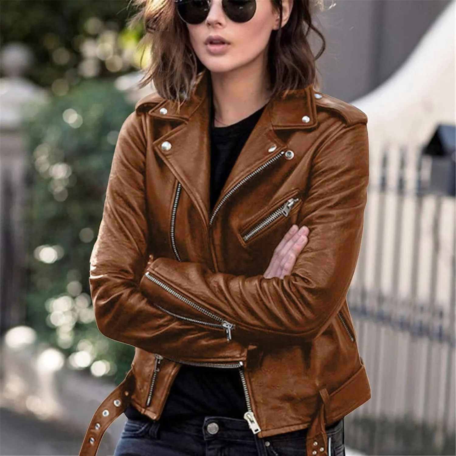 NATHGAM Women's Faux Leather Jackets Trendy Motorcycle Jacket Lightweight Zip Up Crop Jackets Slim Pu Coat Moto Biker Jacket