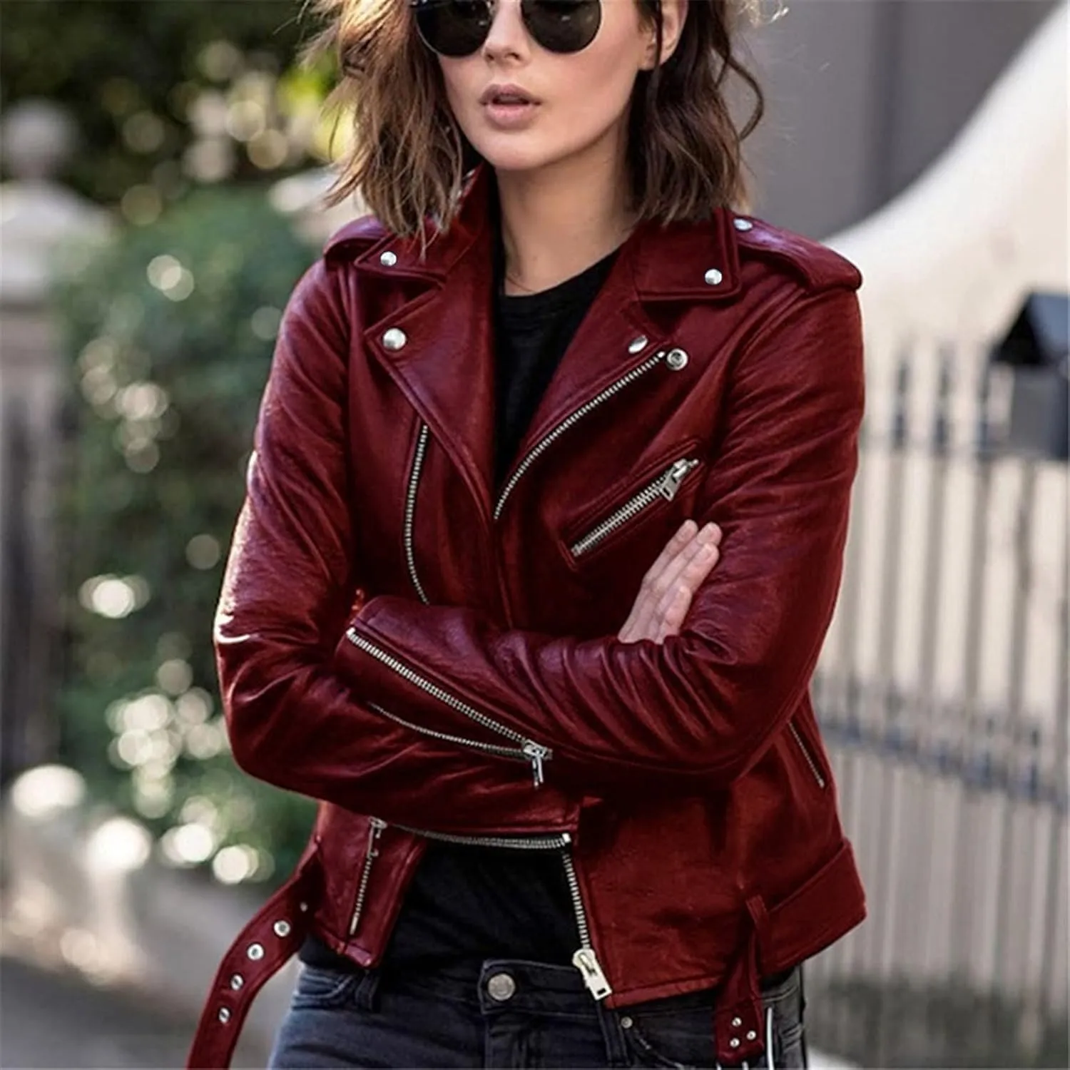 NATHGAM Women's Faux Leather Jackets Trendy Motorcycle Jacket Lightweight Zip Up Crop Jackets Slim Pu Coat Moto Biker Jacket