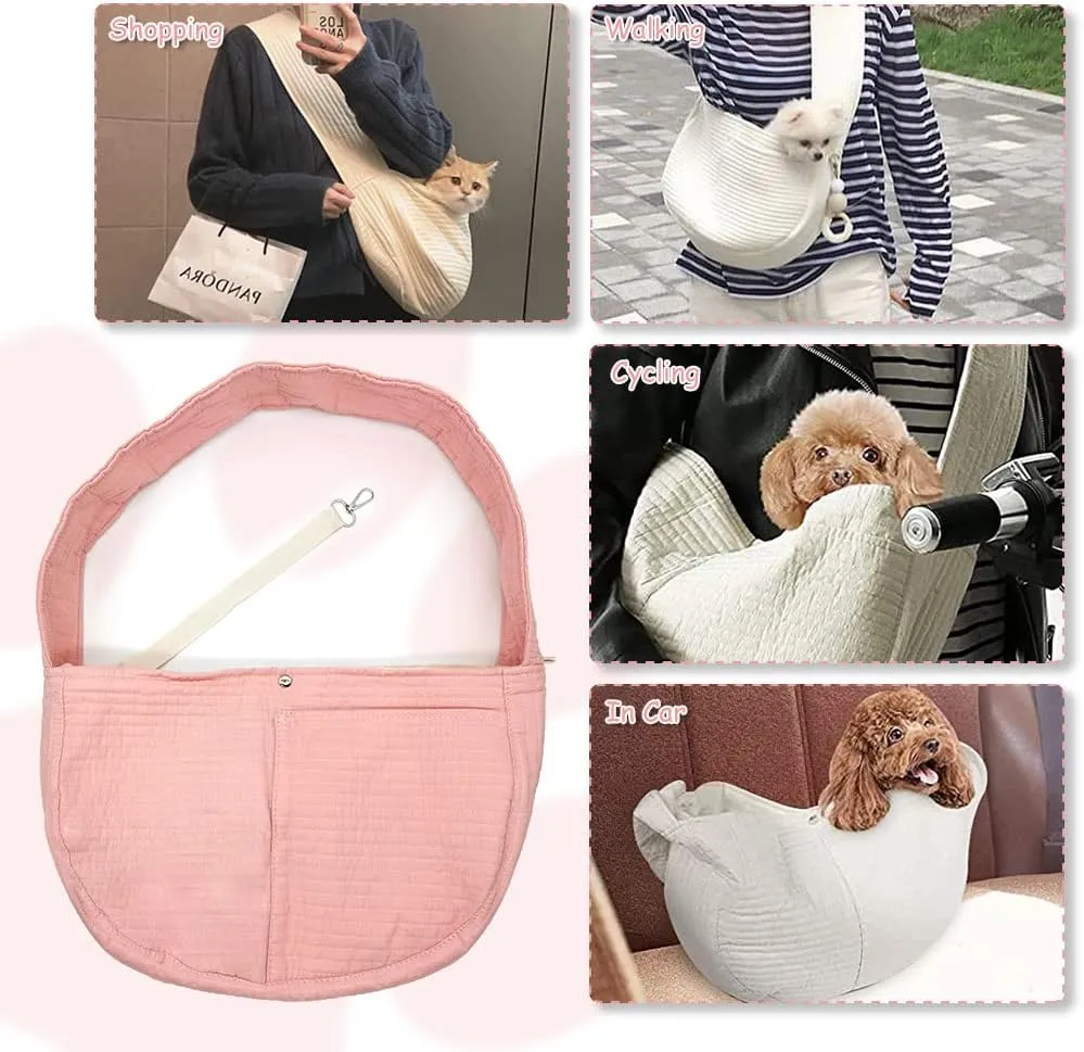 NATUYA Small Dog Carrier Sling, Adjustable Strap Lightweight Comfy Puppy Pouch, Hand Free Pet Dog Sling Walking Subway Travel Toy Dog Carrying Bag (Pink,Adjust Strap-Canvas)