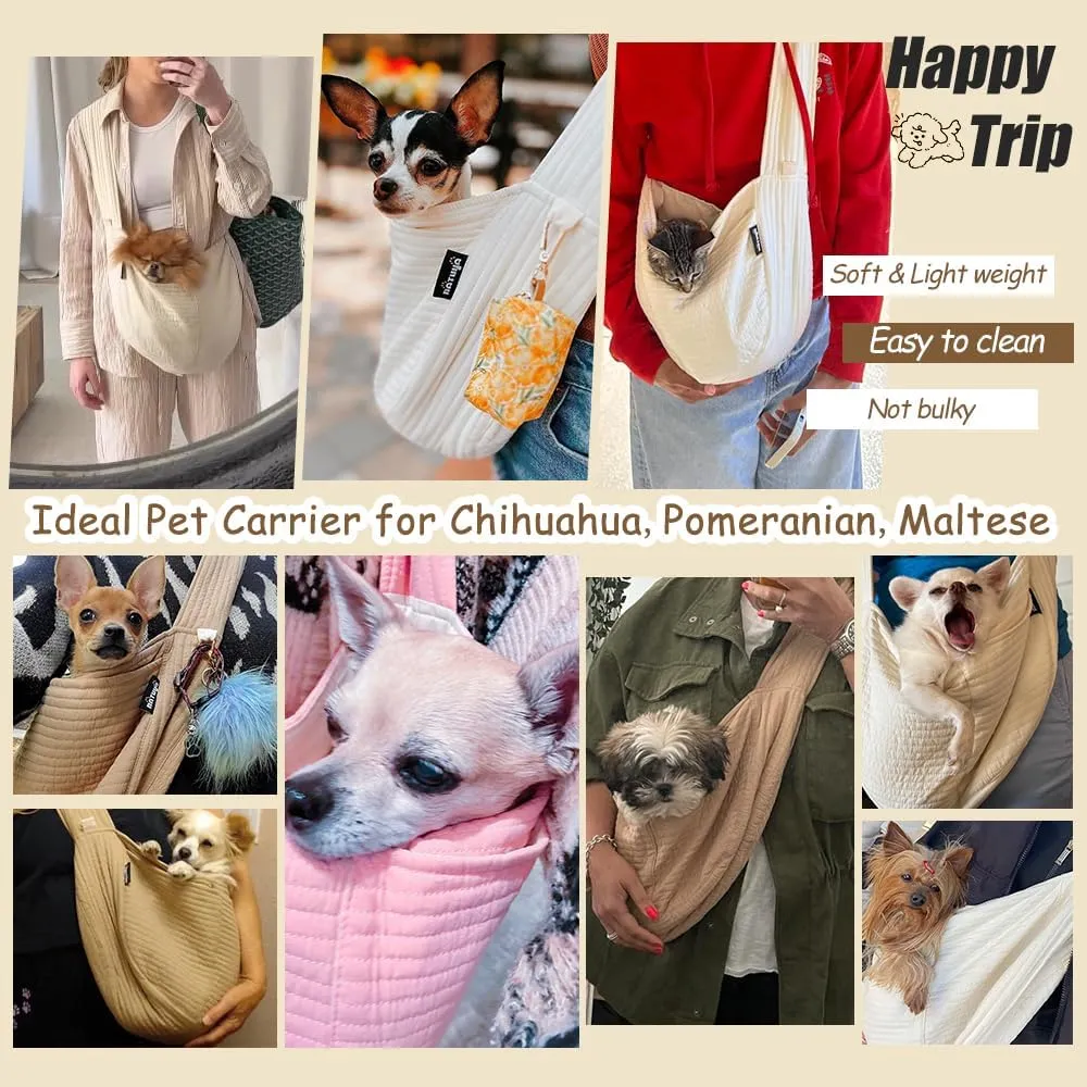 NATUYA Small Dog Carrier Sling, Adjustable Strap Lightweight Comfy Puppy Pouch, Hand Free Pet Dog Sling Walking Subway Travel Toy Dog Carrying Bag (Pink,Adjust Strap-Canvas)