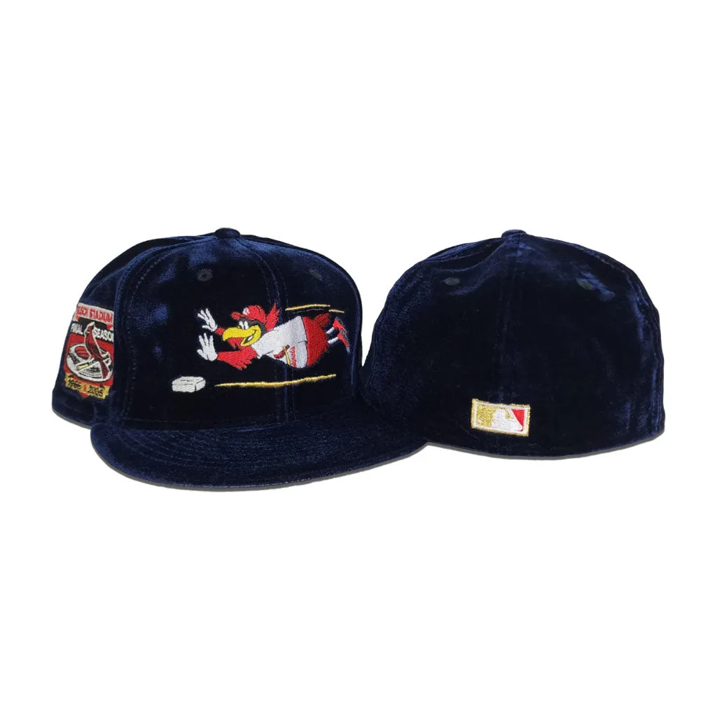 Navy Blue Velvet St. Louis Cardinals Mascot Logo Gray Bottom Busch Stadium Final Season Side Patch New Era 59Fifty Fitted