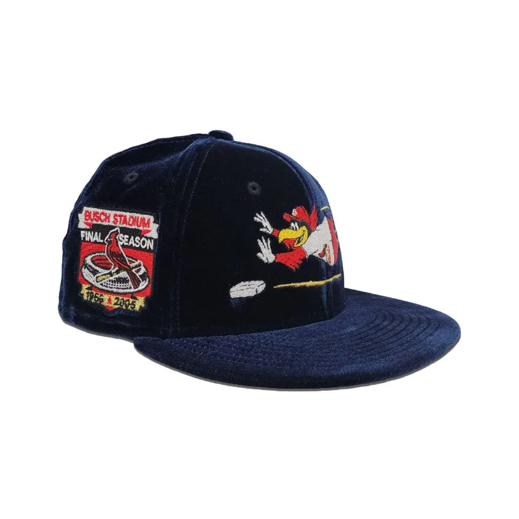 Navy Blue Velvet St. Louis Cardinals Mascot Logo Gray Bottom Busch Stadium Final Season Side Patch New Era 59Fifty Fitted