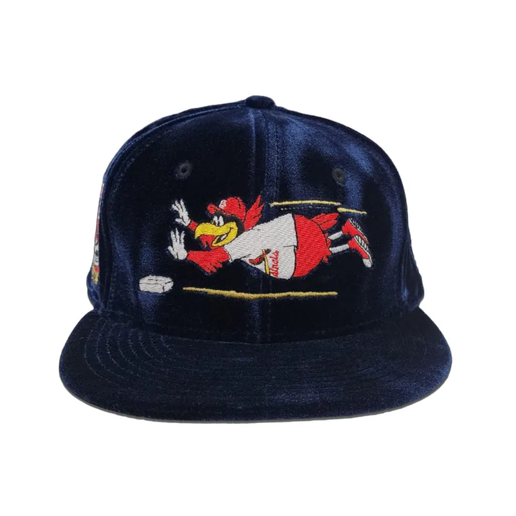 Navy Blue Velvet St. Louis Cardinals Mascot Logo Gray Bottom Busch Stadium Final Season Side Patch New Era 59Fifty Fitted