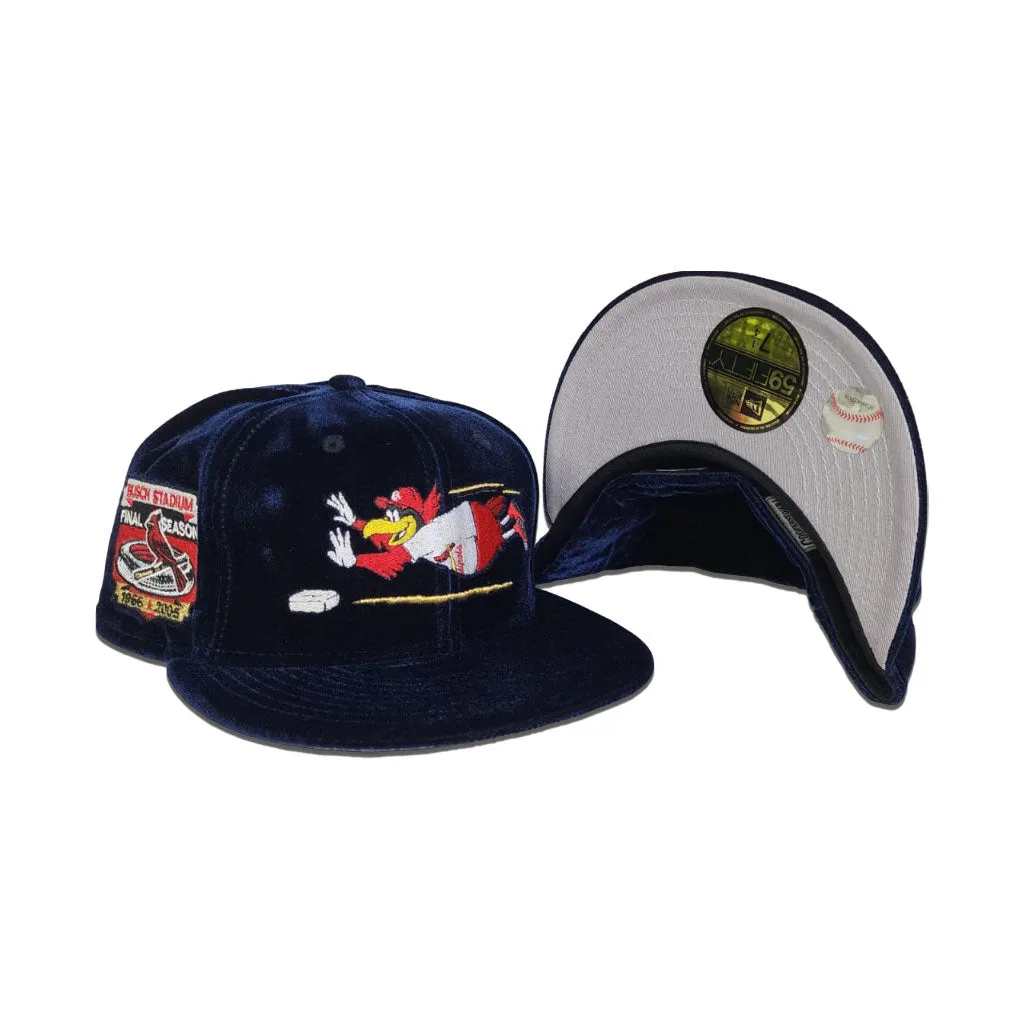 Navy Blue Velvet St. Louis Cardinals Mascot Logo Gray Bottom Busch Stadium Final Season Side Patch New Era 59Fifty Fitted