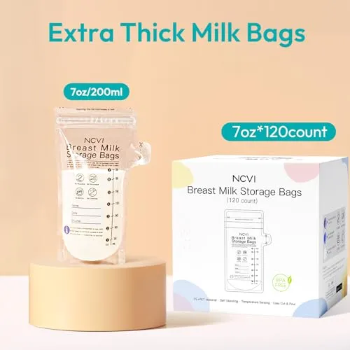 NCVI Breastmilk Storage Bags, 120 Count Milk Storage Bags for Breastfeeding, 7oz Breast Milk Storage Bags with Temp-Sensing, Doubled-Sealed, Hygienically, Self Standing, Easy Pour Spout, BPA Free