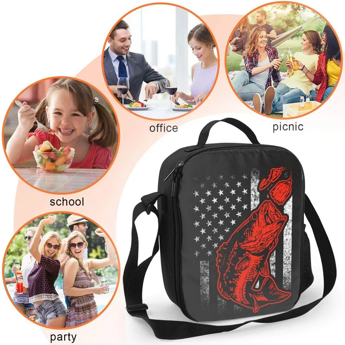Nerxy Lunch Bags For Women Men Kids Bass Fishing Lure And American Flag Reusable Insulated Lunch Box Mini Portable Thermal Tote Bag