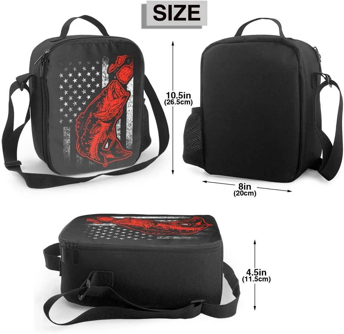 Nerxy Lunch Bags For Women Men Kids Bass Fishing Lure And American Flag Reusable Insulated Lunch Box Mini Portable Thermal Tote Bag