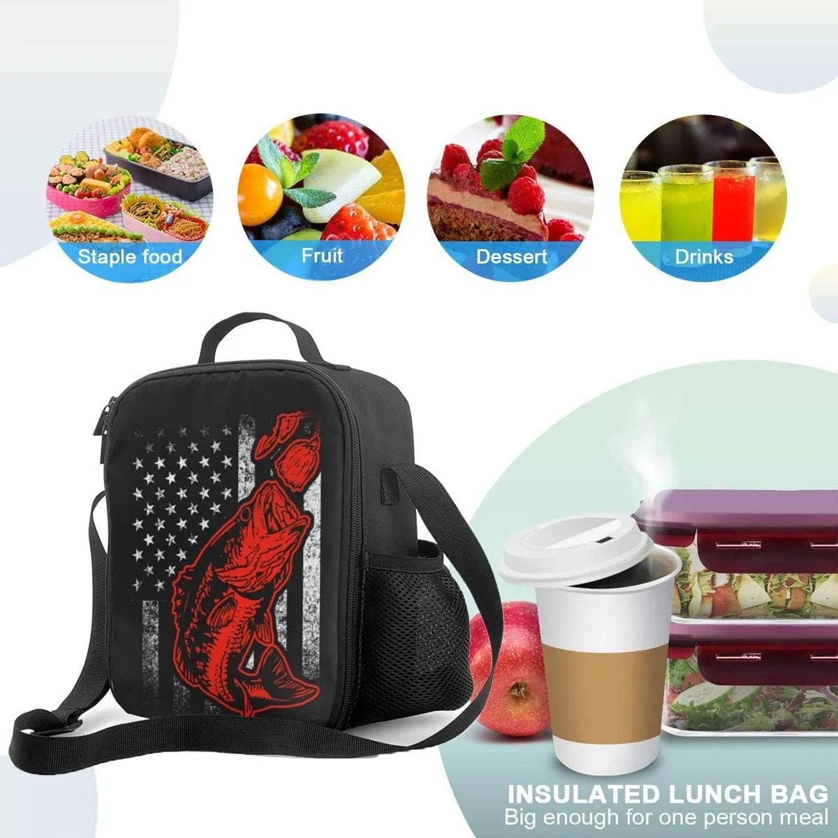 Nerxy Lunch Bags For Women Men Kids Bass Fishing Lure And American Flag Reusable Insulated Lunch Box Mini Portable Thermal Tote Bag