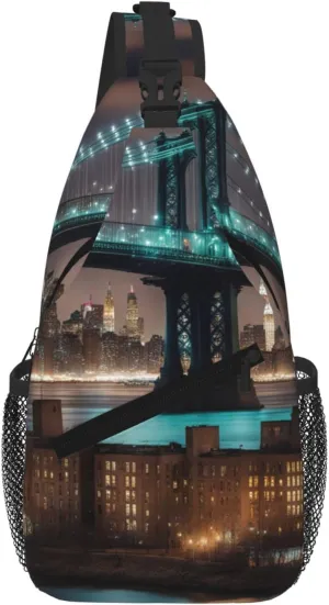 New York Manhattan Bridge Night Fashion Print Crossbody Chest Bag - Adjustable Strap For Hiking And Working