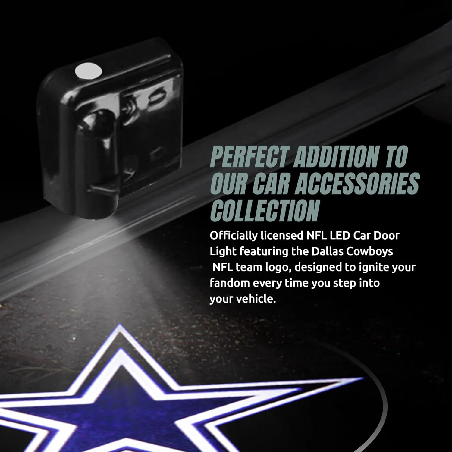 NFL American Football Dallas Cowboys - Led Car Door Light - Wireless Led Projector with One Team Logo Slide - Compatible for Most Car Models - Battery-Operated, 2.5” x 2.5”