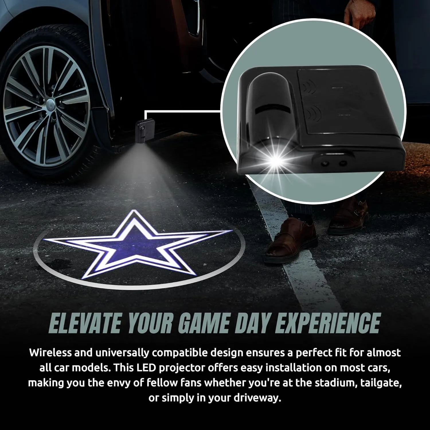 NFL American Football Dallas Cowboys - Led Car Door Light - Wireless Led Projector with One Team Logo Slide - Compatible for Most Car Models - Battery-Operated, 2.5” x 2.5”