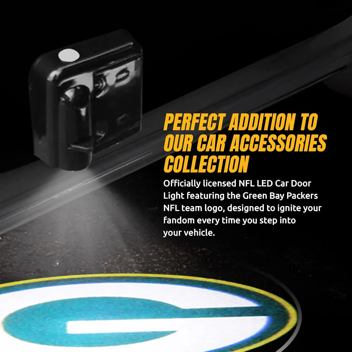 NFL American Football Green Bay Packers - Led Car Door Light - Wireless Led Projector with One Team Logo Slide - Compatible for Most Car Models - Battery-Operated, 2.5” x 2.5”