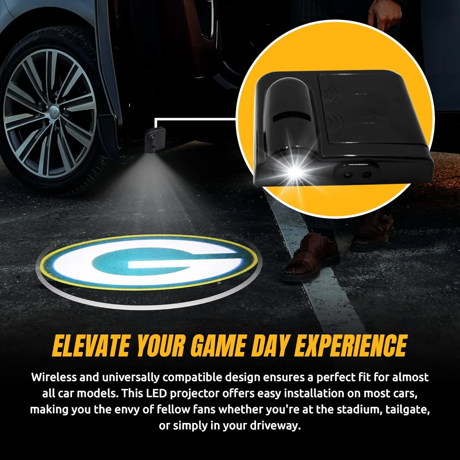 NFL American Football Green Bay Packers - Led Car Door Light - Wireless Led Projector with One Team Logo Slide - Compatible for Most Car Models - Battery-Operated, 2.5” x 2.5”