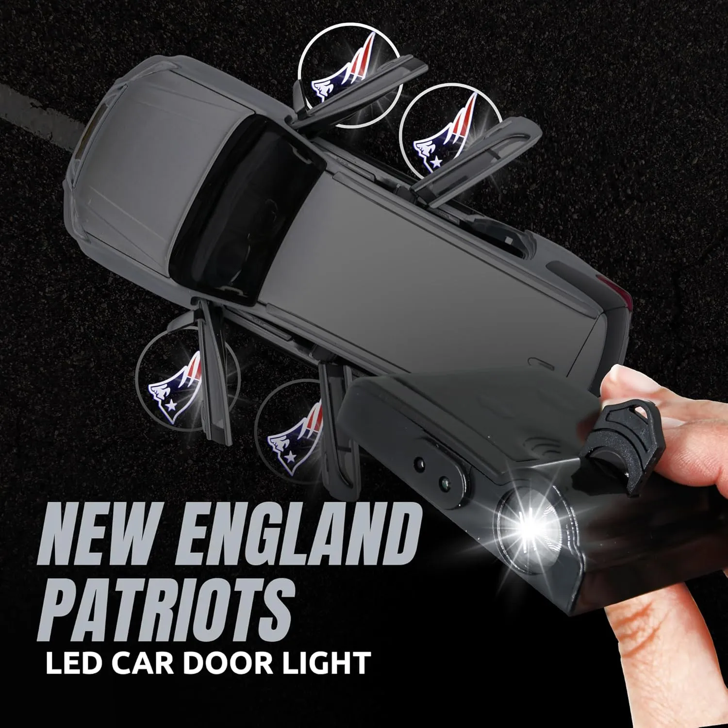 NFL American Football New England Patriots - Led Car Door Light - Wireless Led Projector with One Team Logo Slide - Compatible for Most Car Models - Battery-Operated, 2.5” x 2.5”