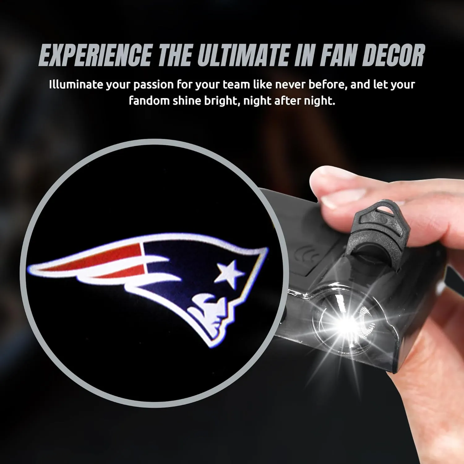 NFL American Football New England Patriots - Led Car Door Light - Wireless Led Projector with One Team Logo Slide - Compatible for Most Car Models - Battery-Operated, 2.5” x 2.5”
