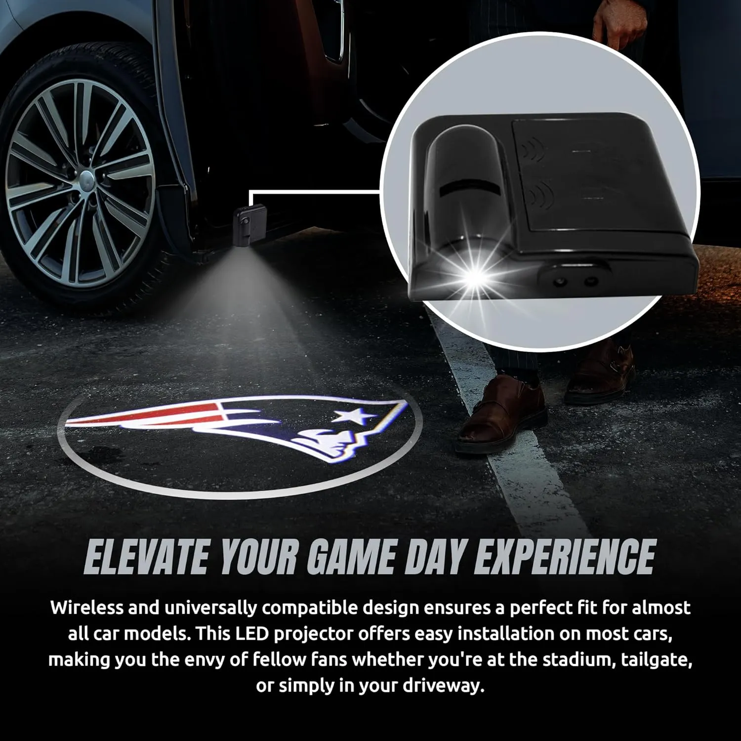 NFL American Football New England Patriots - Led Car Door Light - Wireless Led Projector with One Team Logo Slide - Compatible for Most Car Models - Battery-Operated, 2.5” x 2.5”