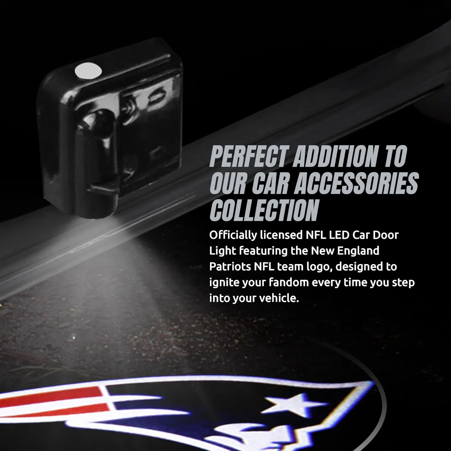 NFL American Football New England Patriots - Led Car Door Light - Wireless Led Projector with One Team Logo Slide - Compatible for Most Car Models - Battery-Operated, 2.5” x 2.5”