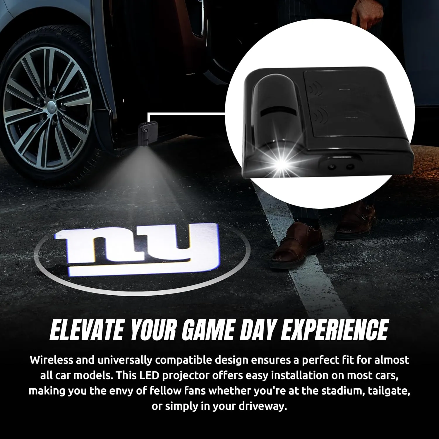 NFL American Football New York Giants - Led Car Door Light - Wireless Led Projector with One Team Logo Slide - Compatible for Most Car Models - Battery-Operated, 2.5” x 2.5”