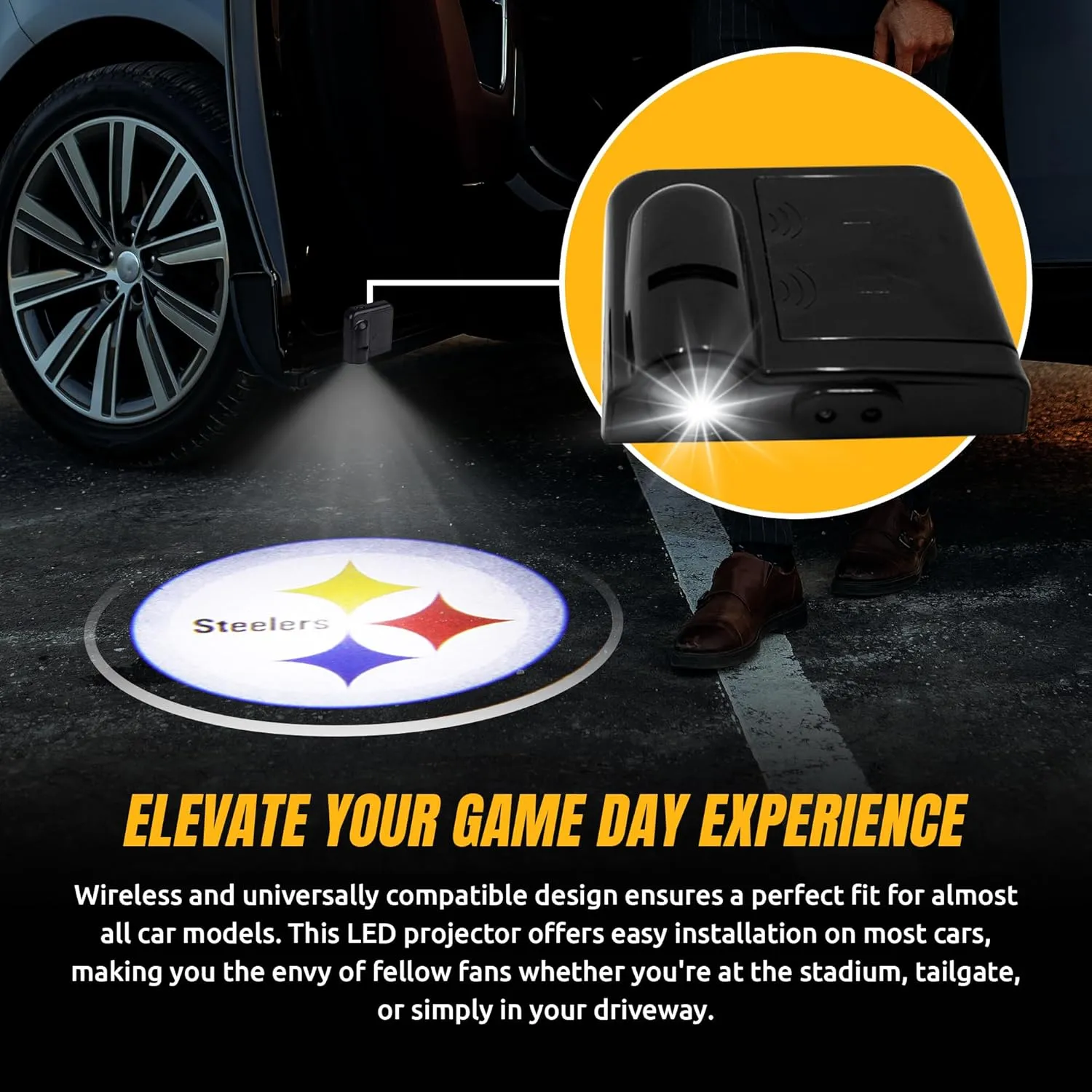 NFL American Football Pittsburgh Steelers - Led Car Door Light - Wireless Led Projector with One Team Logo Slide - Compatible for most Car Models - Battery-Operated, 2.5” x 2.5”