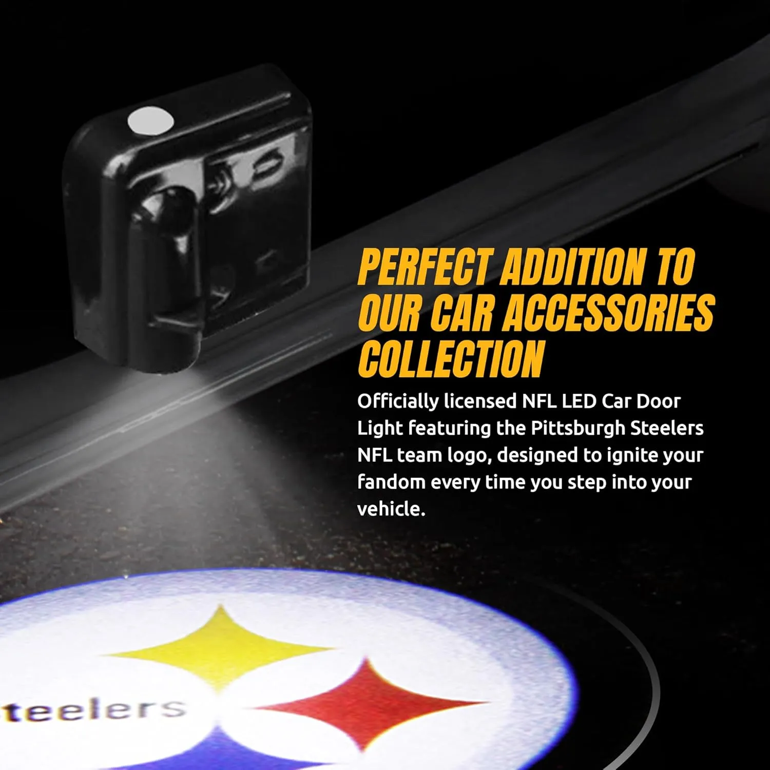 NFL American Football Pittsburgh Steelers - Led Car Door Light - Wireless Led Projector with One Team Logo Slide - Compatible for most Car Models - Battery-Operated, 2.5” x 2.5”