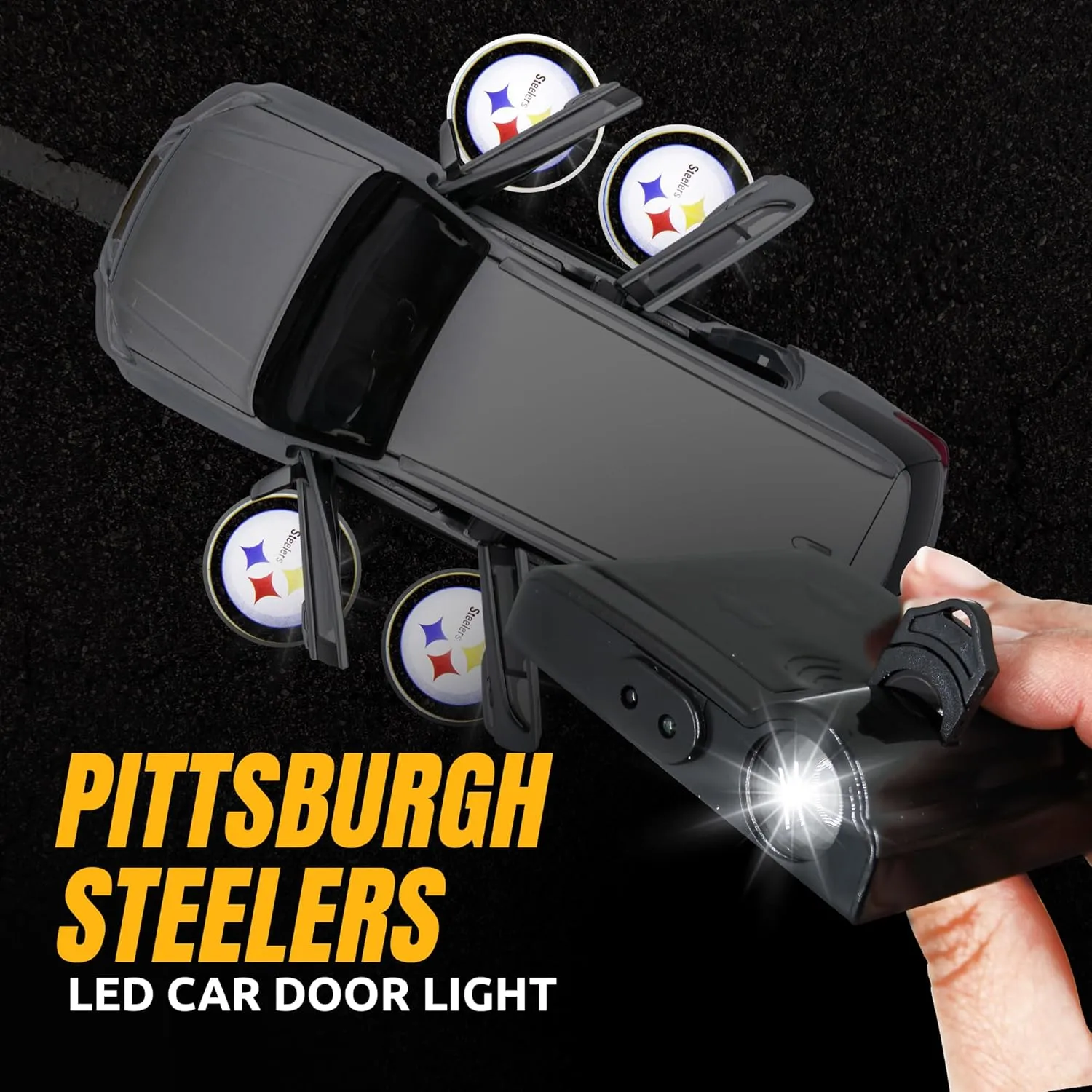NFL American Football Pittsburgh Steelers - Led Car Door Light - Wireless Led Projector with One Team Logo Slide - Compatible for most Car Models - Battery-Operated, 2.5” x 2.5”
