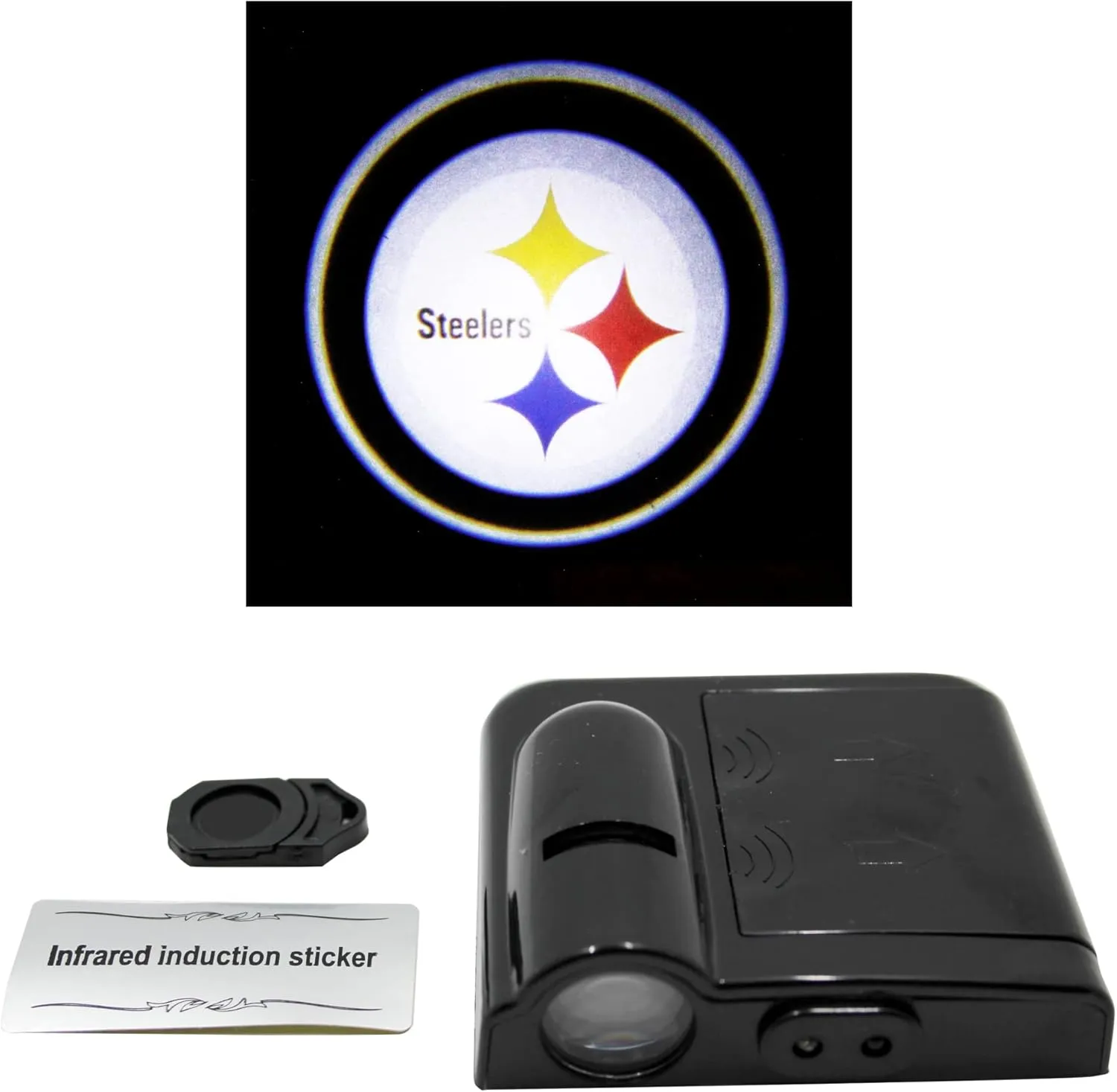 NFL American Football Pittsburgh Steelers - Led Car Door Light - Wireless Led Projector with One Team Logo Slide - Compatible for most Car Models - Battery-Operated, 2.5” x 2.5”