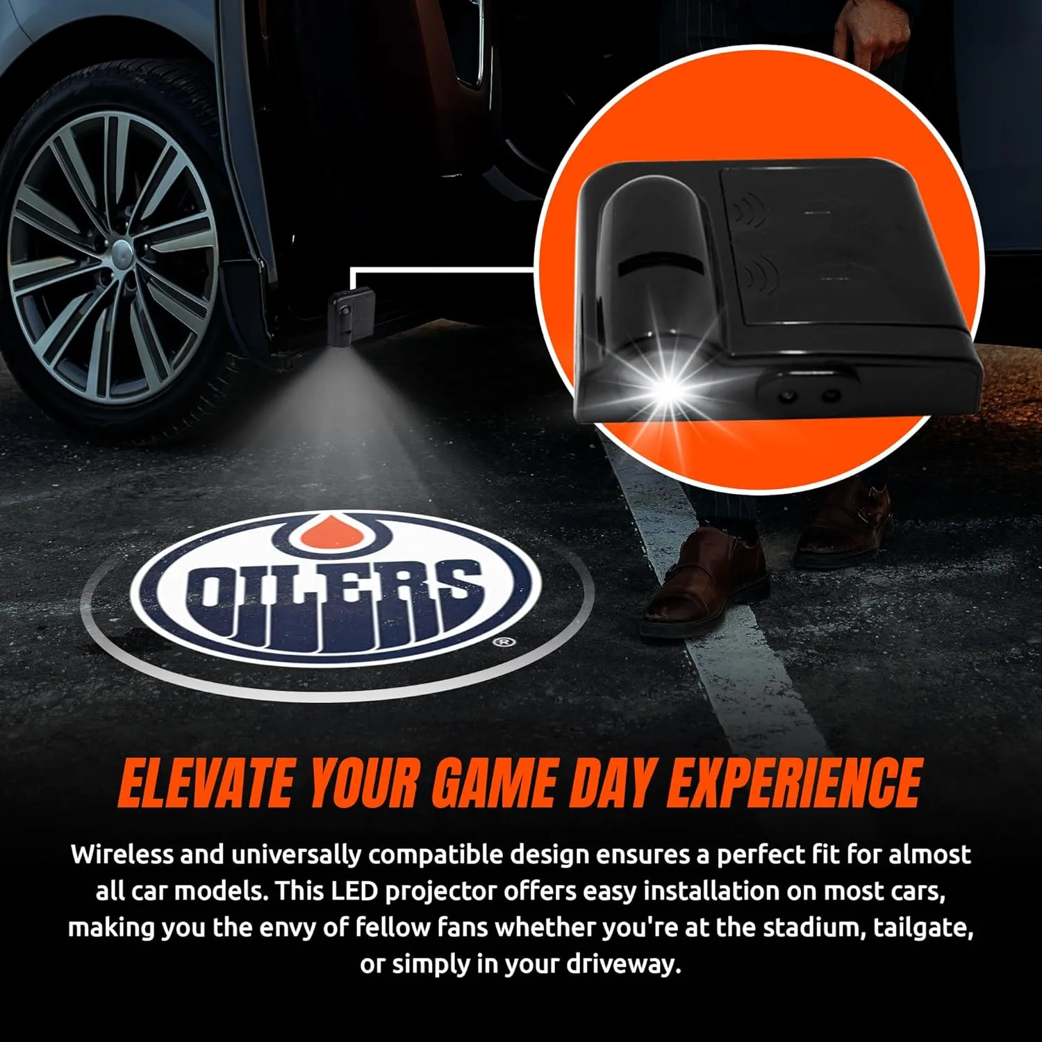 NHL American Hockey Edmonton Oilers - Led Car Door Light - Wireless Led Projector with One Team Logo Slide - Compatible for Most Car Models - Battery-Operated, 2.5” x 2.5”