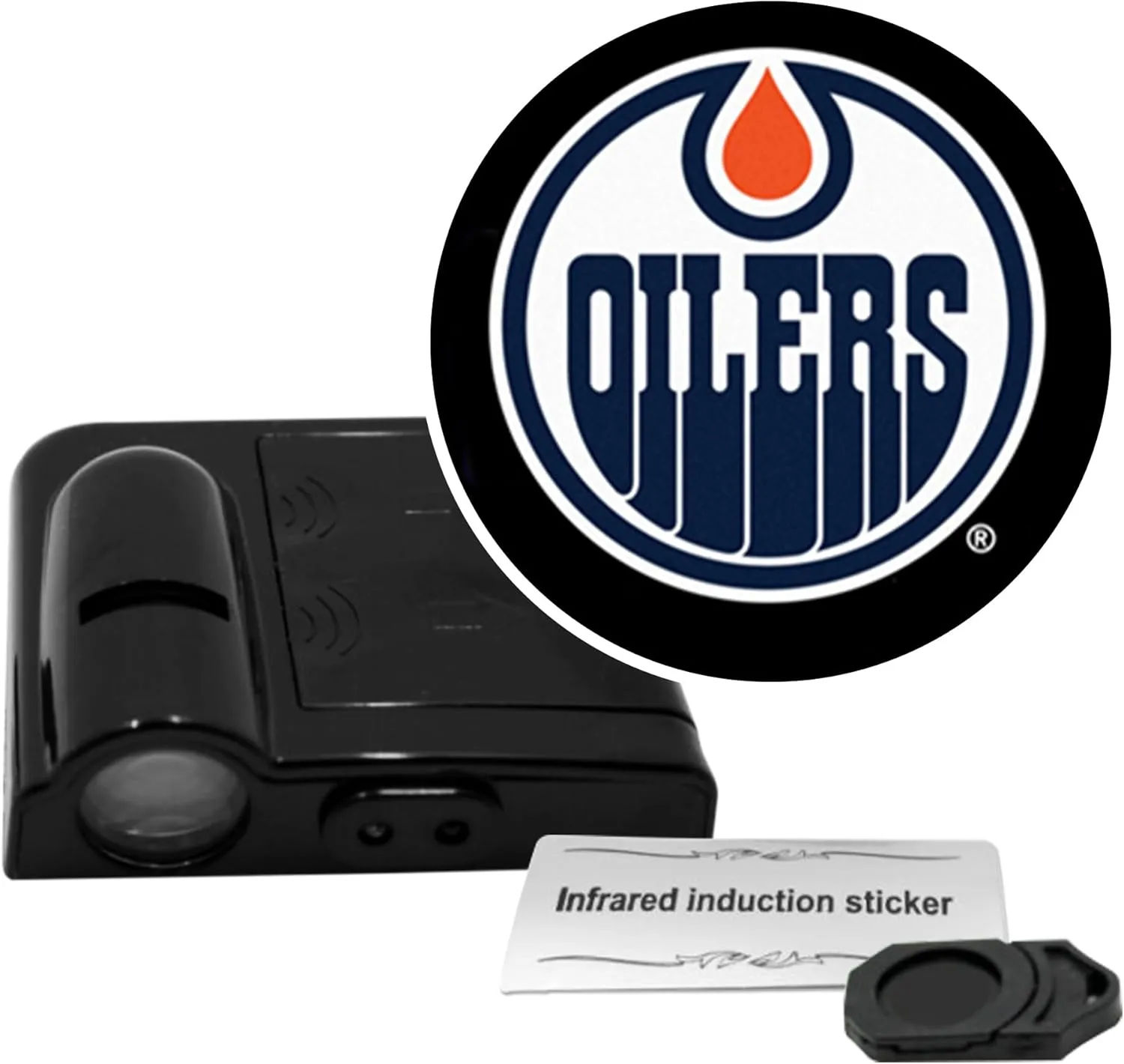 NHL American Hockey Edmonton Oilers - Led Car Door Light - Wireless Led Projector with One Team Logo Slide - Compatible for Most Car Models - Battery-Operated, 2.5” x 2.5”