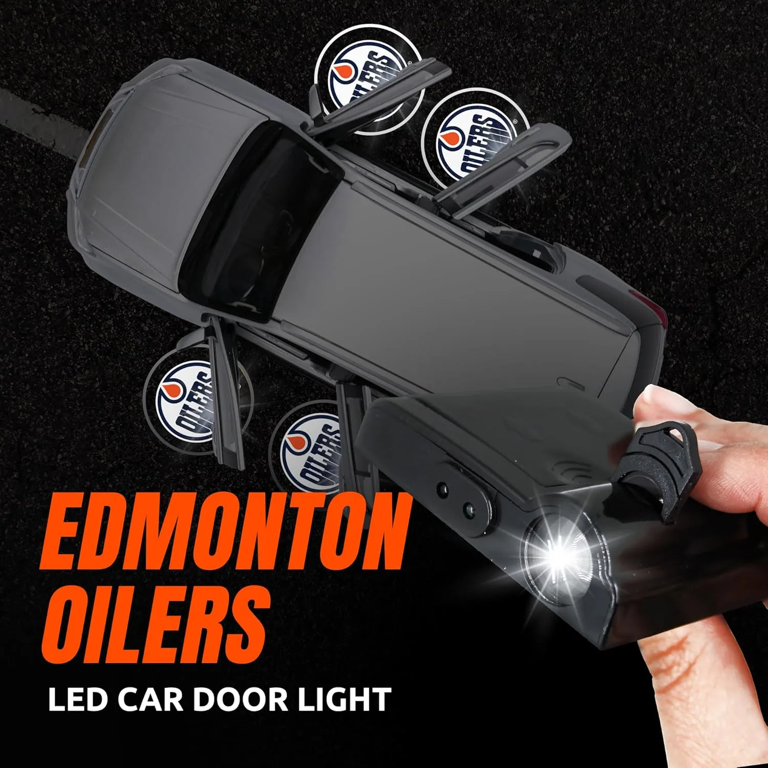 NHL American Hockey Edmonton Oilers - Led Car Door Light - Wireless Led Projector with One Team Logo Slide - Compatible for Most Car Models - Battery-Operated, 2.5” x 2.5”